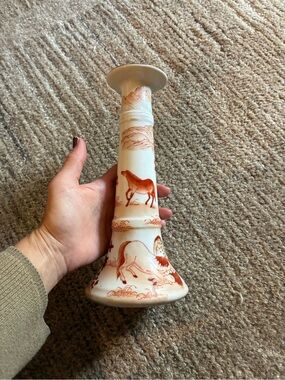 Antique Hand Colored Imari Candlesticks Ironstone Porcelain Candle Holders Horse